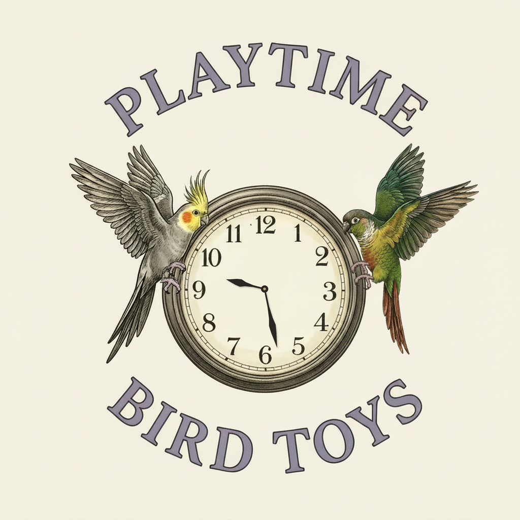 PlayTime Bird Toys: a cockatiel and a green-cheeked conure perched on a clock at 9:28